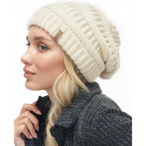 Women\'s Knitted Beanie Beige Cozy Skull Ski Hats Cap Winter Warm Slouchy Design main image 4
